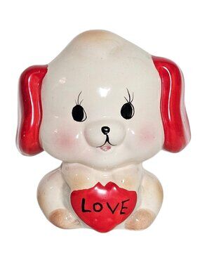 Vintage Mid-Century Ceramic Puppy Bank - Kitsch Puppy Dog with Heart "LOVE" 1950